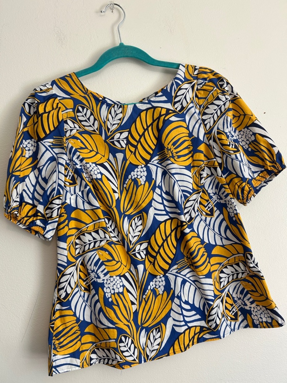 Talbots Navy, Mustard & White Botanical Puff Sleeve Blouse